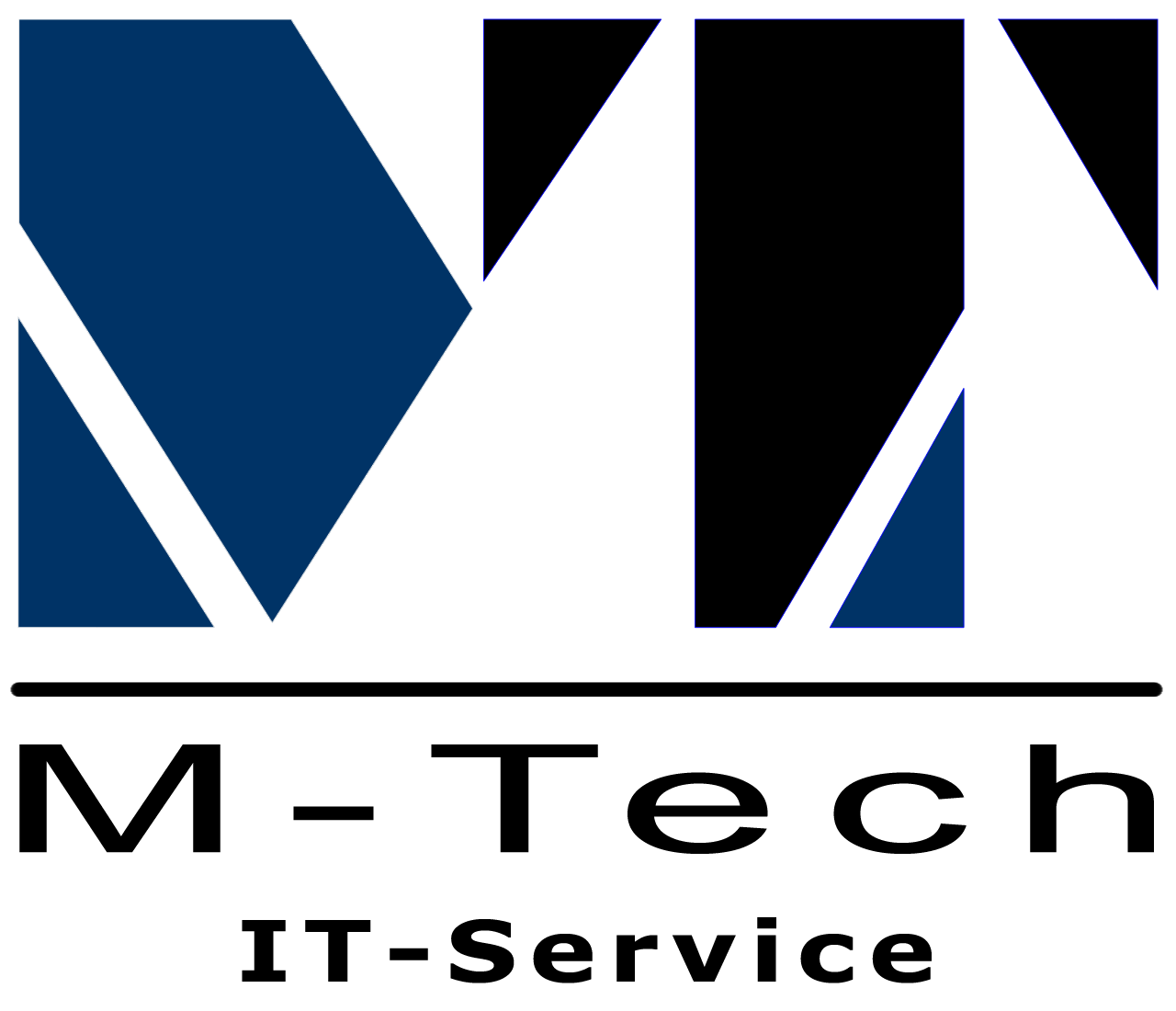 Buchstaben M + T werden mit geometrischen Formen dargestellt. Darunter in Text: M-Tech IT-Service